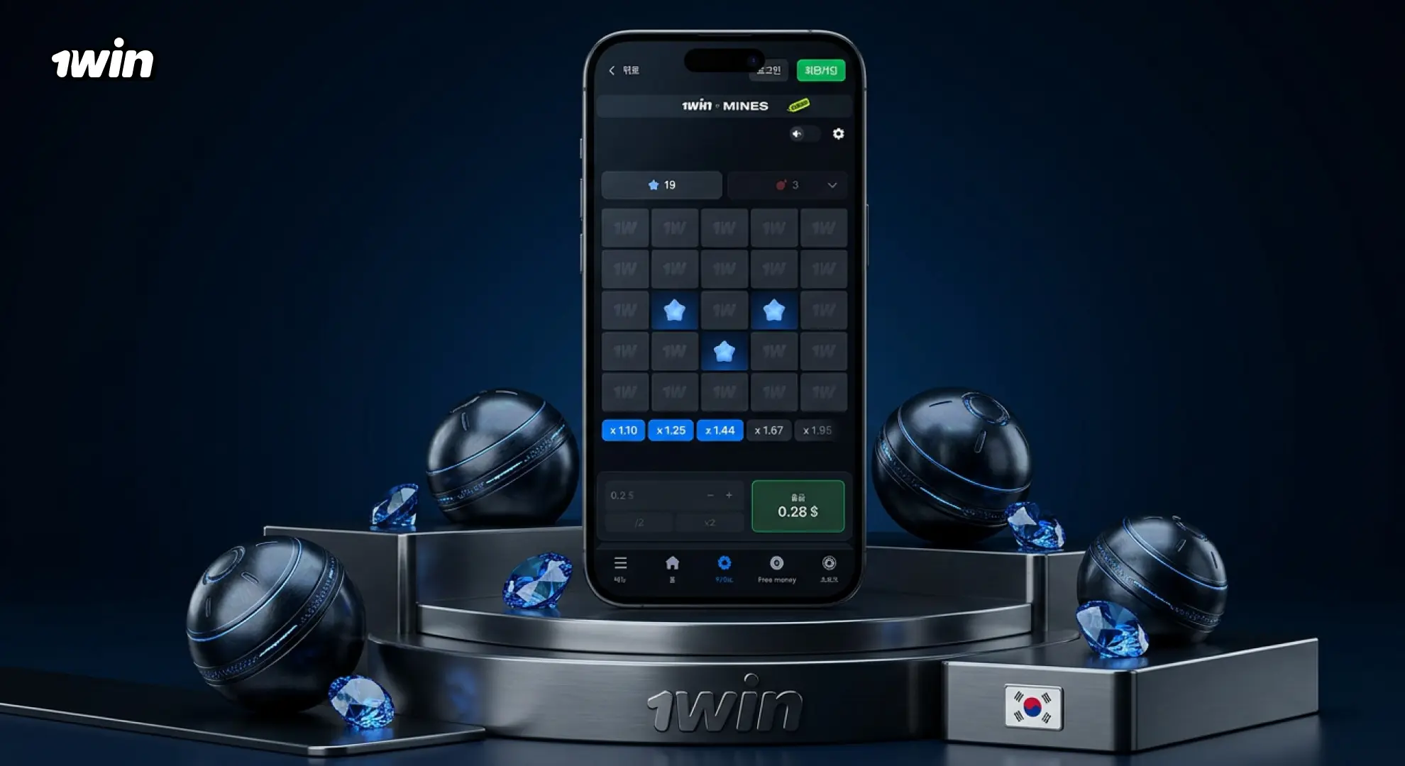 1win Mines 게임 한국 지뢰 찾기 스타일 온라인 카지노 게임 멀티플라이어 빠른 플레이
